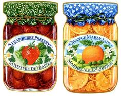 two jars filled with oranges and strawberries next to each other on a white background