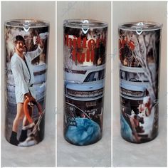 three different pictures of the same person on a can