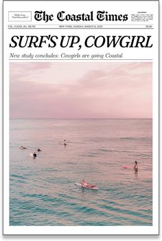 the coastal times surf's up, cowgirl magazine cover featuring surfers in the ocean