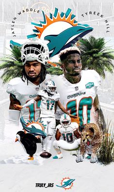 two miami dolphins football players are posing for a photo