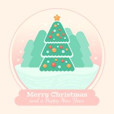 merry christmas and a happy new year card with a tree in a snowglow