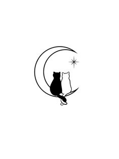 a black and white drawing of a cat sitting on a crescent with the moon in the background