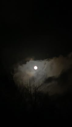 the moon is shining brightly in the dark sky above some tree branches at night time