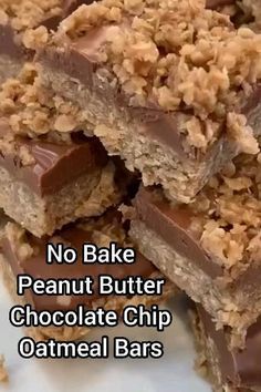 no bake peanut butter chocolate chip oatmeal bars stacked on top of each other