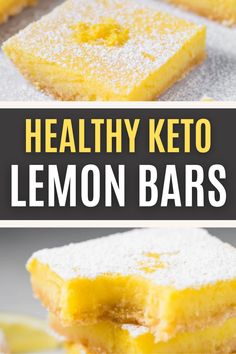 healthy keto lemon bars with powdered sugar on top and the words, healthy keto lemon bars