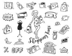 a woman with shopping bags and other items in hand drawn doodle style on a white background