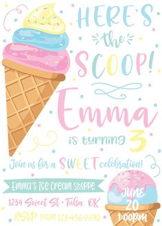 an ice cream birthday party flyer