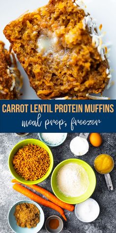 carrot lentil protein muffins with white frosting on top and ingredients in bowls