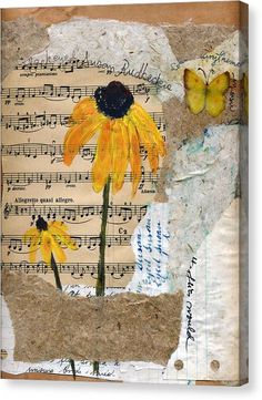 altered photograph of yellow flowers and butterflies on old sheet music paper with words written below