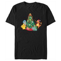 Gotta catch 'em all! Get into the holiday spirit with the iconic world of Pokemon cards, video games, TV shows, and more with adorable new officially licensed apparel for the whole family featuring your favorite Pokemon all dressed up for the Christmas season! This Men's Pokemon Christmas Tree Characters Graphic T-Shirt features Pikachu, Squirtle, Charmander, and Bulbasaur celebrating around a Christmas tree decorated with candy canes, bows, festive lights, and Pokemon-shaped ornaments, includin Christmas Themed Graphic Print T-shirt, Disney Christmas T-shirt For Fan Events, Disney Graphic Print T-shirt For Holiday, Christmas Themed Short Sleeve Tops, Disney Crew Neck T-shirt For Holiday, Holiday Disney Crew Neck T-shirt, Disney Holiday Crew Neck T-shirt, Pokemon Christmas Tree, Pokemon Christmas