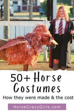 A girl dressed as a Hogwarts student standing with a miniature horse dressed as a hippogriff. The words 50+ Horse Costumes How they were made & the cost below the picture. Fancy Dress Horse And Rider, Horse Knight Costume, Equine Halloween Costumes, Pony Costume Horses, Pony Costumes Horses, Equine Costume Ideas, Bay Horse Costume Ideas, Horse And Owner Costumes, Unique Horse And Rider Costumes