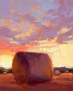 a painting of a hay bale at sunset