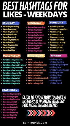 the best hashtags for likes - week is shown on a black background with colorful arrows