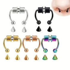 four different types of nose piercings with spikes and cones on them, all in various colors