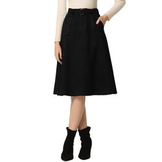 Bring a classic fall vibe to smart casual ensembles with this beautifully a-line belted skirt. Updating your wardrobe with this faux suede pocket skirt which features an A-line silhouette for a universal body shape. Merging feminine and modern styles, this skirt is made of stretchy faux suede, which is comfortable and chic for the fall/winter season. Matching timeless knitwear, a blouse, and retro leather boots or high heels for a smart feminine impression. Midi Skirt With Belt, Timeless Knitwear, Midi Skirt Casual, Belted Skirt, Pocket Skirt, Skirt With Belt, Belt Black