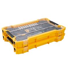 a yellow and black plastic crate with wheels