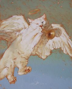 a painting of a cat with wings on it's back and its head in the air