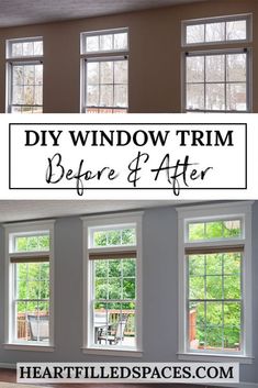 the before and after pictures of windows in a house with text overlay that reads diy window trim before and after