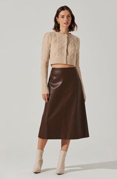 Yuria Faux Leather Midi Skirt Leather Midi Skirt Outfit, Faux Leather Midi Skirt, Midi Skirt Outfit, Leather Midi Skirt, Midi Length Skirts, Women Skirts Midi, Cotton Style, Midi Length, Skirt Outfits