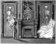 a skeleton is standing in front of a fireplace and another skeleton stands next to it