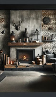 a living room filled with furniture and a fire place in front of a brick wall