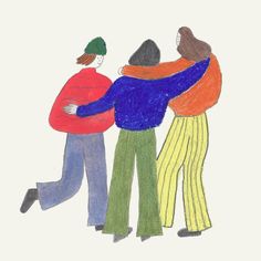 three people are hugging each other while wearing colorful pants and jackets, one is holding the other's back