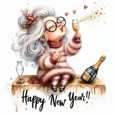 an old lady with glasses is holding a wine glass and looking at the camera while sitting on a sign that says happy new year