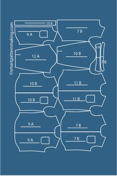 the sewing pattern for an apron is shown in white on a blue background, and it has