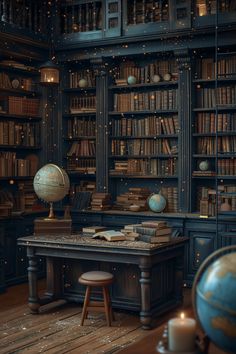 an old fashioned library with bookshelves, desk and globe on the table in front of it