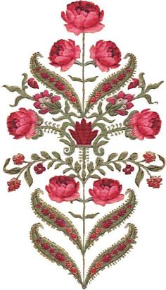 an embroidered design with red flowers and leaves