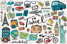 the word travel surrounded by doodles of different types of items and things around the world