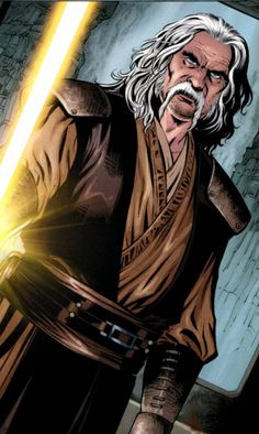 an older man with white hair and a beard holding a light saber in his hand