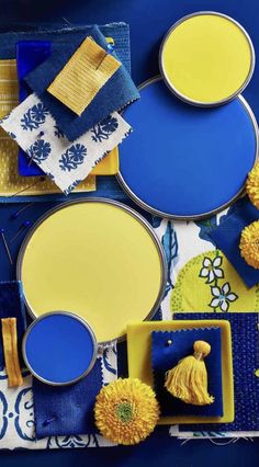 blue and yellow color scheme with flowers