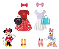 several different outfits and accessories are shown in this image, including shoes, handbags, purses, and mickey mouse