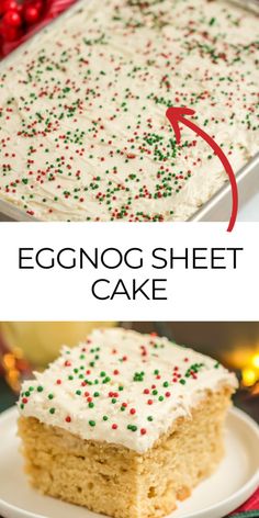 eggnog sheet cake with white frosting and sprinkles on top