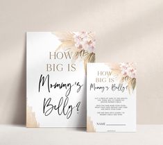 two cards with the words how big is mommy's wedding? and flowers on them