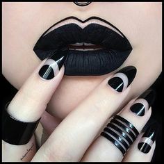 Makeup inspiration! repost from @depechegurl #NegativeSpace Lips and Nails. Samantha Stiletto Set by @nailhur • Witches Everlasting Liquid Lipstick by @katvondbeauty • Matte Black Liquid Liner by @nyxcosmetics • **Link for the nails is in my Bio. ‘depechegurl’ discount code for 10% off** Negative Space Nail Art, Lip Art Makeup, Drag Make-up, Space Nails, Lipstick Art, White Nail Art, Her Nails, White Nail Designs