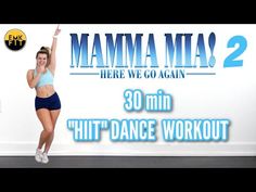 a woman is dancing in front of a sign that says mamma mias here we go again