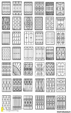 many different types of iron grills and gates, all drawn in black ink on white paper