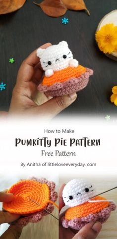 a person holding two small crocheted items in their hands and the text overlay reads, how to make pumpkin pie pattern