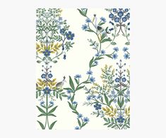 a floral wallpaper with blue flowers and green leaves