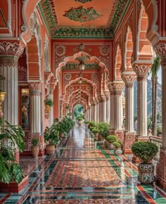 an elaborately decorated hallway with potted plants on either side and tiled flooring