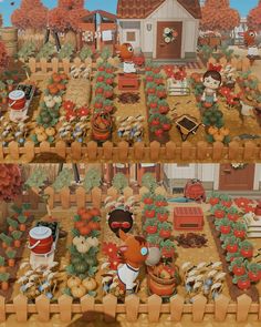 an animated farm scene with people and animals in the yard, surrounded by pumpkins