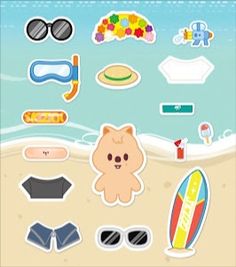 an image of a beach scene with stickers on the sand and various items in the background