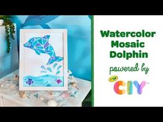 an image of a dolphin in the ocean with watercolor mosaic dolphins on it's side