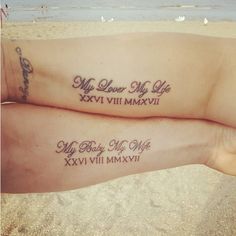 Husband-Wife Tattoo Spine Artwork, His And Hers Tattoos, Couple Tats, Wife Tattoos, Couple Tattoo Quotes, Married Couple Tattoos, Marriage Tattoos, Font Tato, Him And Her Tattoos