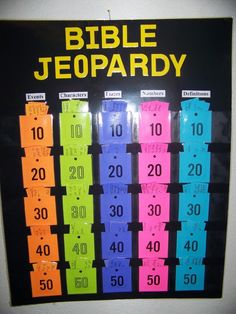 a sign with numbers and times on it that says bible jeepardy in different colors