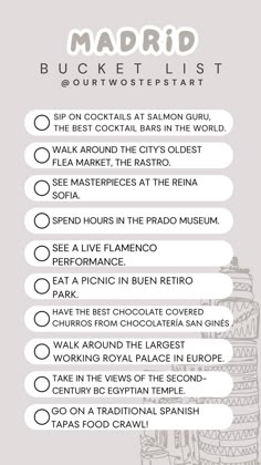 the madrid bucket list is shown in white and black, with instructions for how to use it