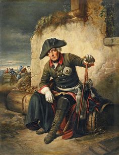 a painting of a man sitting on top of a barrel wearing a hat and holding a cane