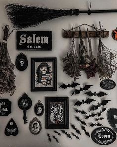 a collection of halloween decorations on a wall